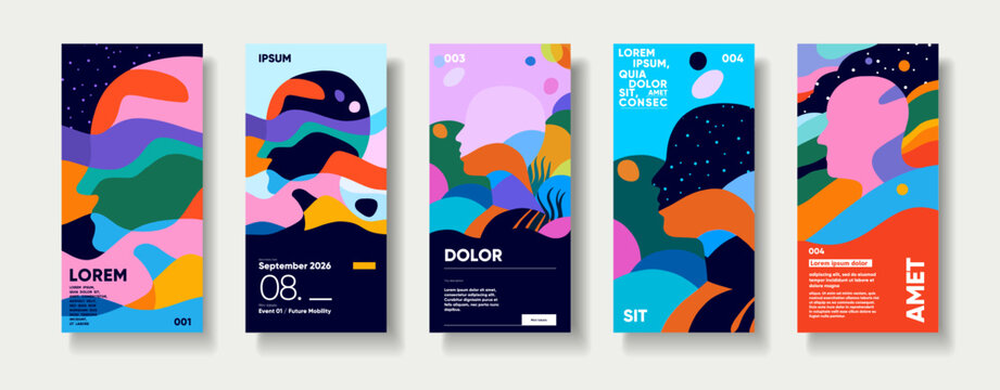 Fototapeta A vibrant collection of abstract posters featuring colorful geometric shapes and patterns. Each design showcases a unique blend of bold colors and dynamic forms, perfect for modern art enthusiasts.