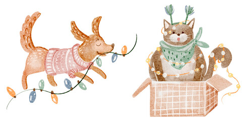 Dog running with garland lights and cat in box. Watercolor pets for card, print, poster. Christmas elements, comic style, hand drawn illustration.