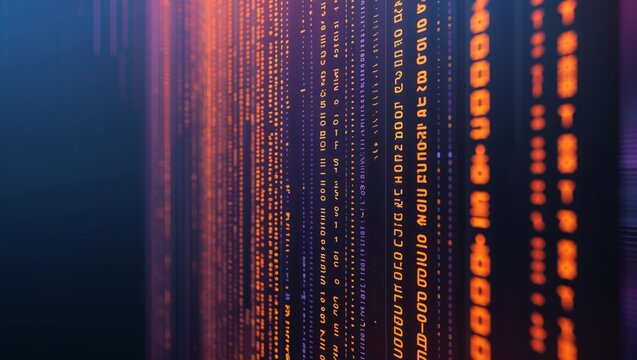 Abstract digital data stream with binary code and glowing orange light