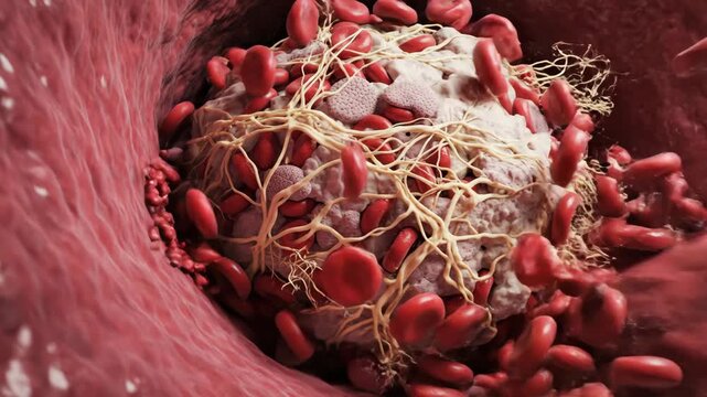 Interior of blood vessel filled with moving red cells while pale platelet cluster gradually enlarges into solid thrombus that narrows passage, illustrating process of clot formation and risk of