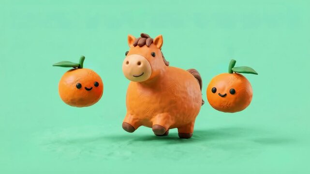 Seamless loop of funny plasticine mandarin oranges jumping around a cute clay horse character, illustrating the Year of the Horse 2026 and festive holiday fun.