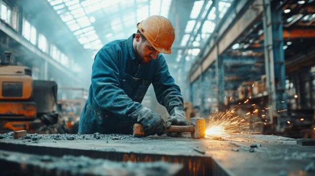 A welder in a workshop works with sparks, a powerful industrial backdrop for production and technical themes.
