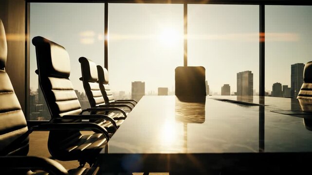 Silhouette of executive office chairs around a glossy conference table overlooking a bright city skyline at sunrise or sunset with lens flare effect