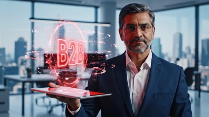 Businessman illustrates b2b concept with holographic display in modern office environment. innovative technology symbolizing connectivity and progress in business solutions. - Powered by Adobe
