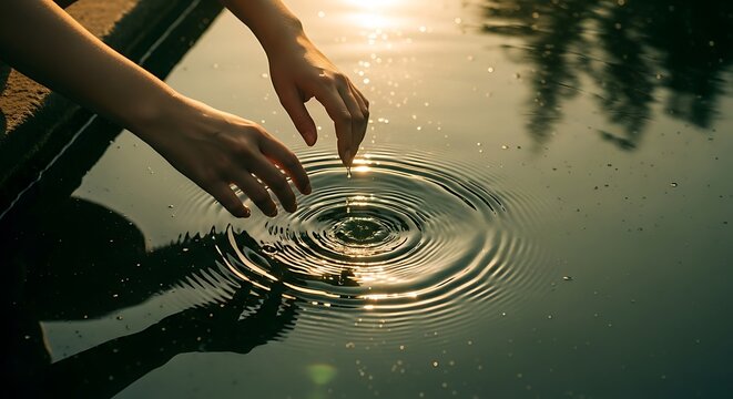 Woman's hand touching water surface creating ripples in natural light.