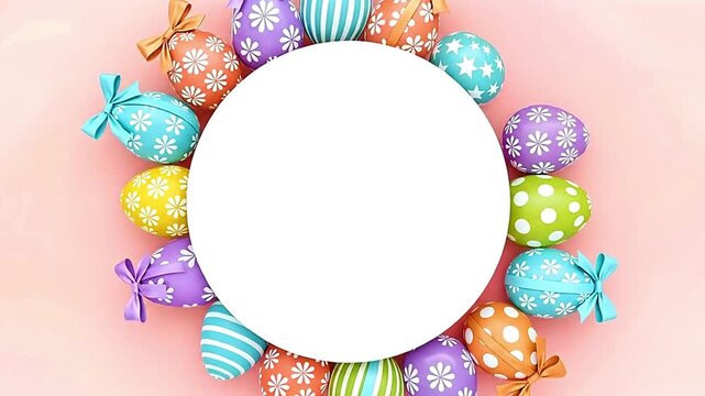 Easter Egg Wreath Animation with Colorful Patterns and Soft Pink Background
