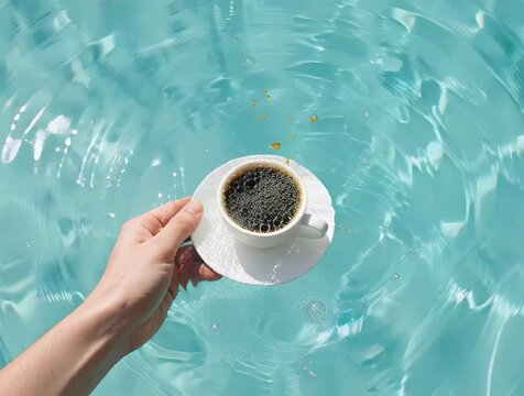 a person holding a cup of coffee in front of a pool