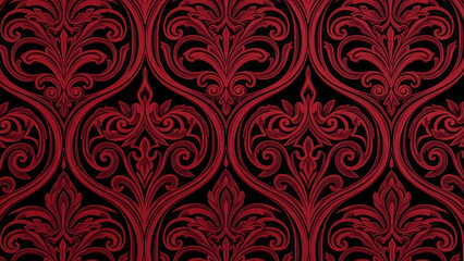 Red damask pattern with floral and scroll elements on a black background creating a rich texture