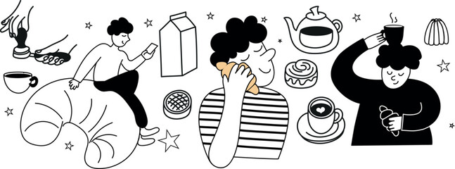 A cozy morning routine illustration set with warm drinks, slippers, blankets, toast, a sleepy cat, and soft home details. Perfect for lifestyle designs and relaxing morning themes.