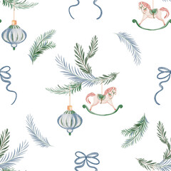Fototapeta premium Seamless pattern with spruce branches, toys and rocking horse. Watercolor illustration for fabric and wrapping. Christmas and New Year decoration elements.