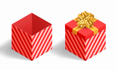 Red gift box. Closed blank box with a bow and ribbon and an open empty box. Isolated on white background. Isometric projection. Vector template.