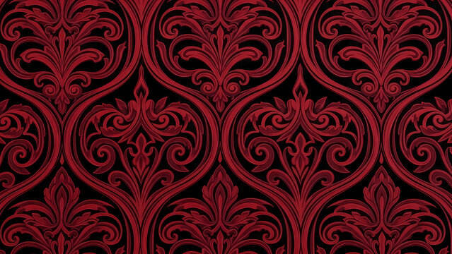 Red damask pattern with floral and scroll elements on a black background creating a rich texture
