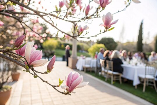 Blooming pink magnolia branch with outdoor spring on a patio dining - Powered by Adobe