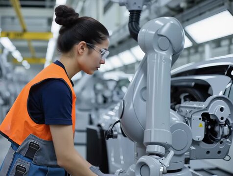a woman working on an assembly line with a robot