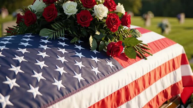 A solemn casket draped with an american flag adorns a peaceful cemetery scene, reflecting moments of respect and remembrance. this captures the profound concept of honoring those who served.