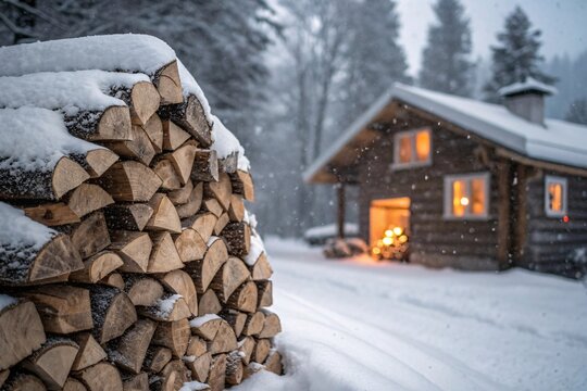 A neatly stacked pile of firewood with snow on top with Cabin behind