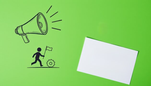 Business Communication Concept with Megaphone, Running Figure, and Blank Card on Fresh Green Background