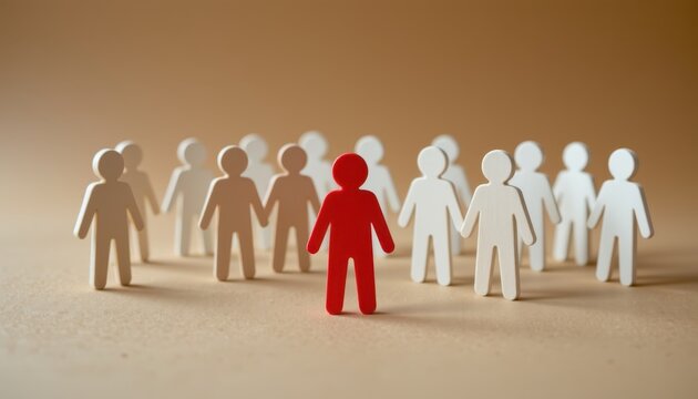 Red figure standing out among white figures representing uniqueness and individuality in a group setting - Powered by Adobe