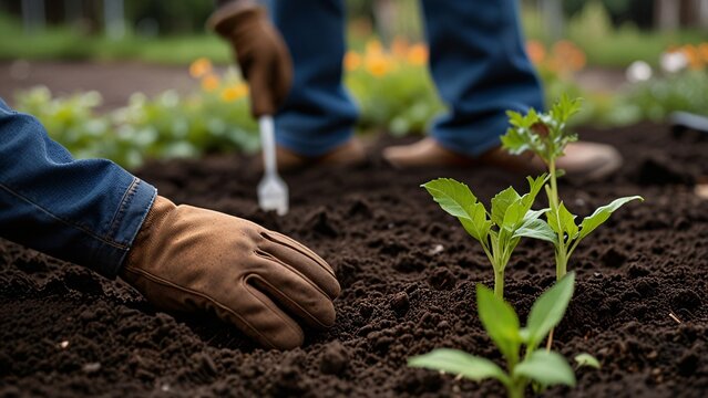 A pair of gardening gloves with packets of seeds ready to be planted in a community garden - Powered by Adobe