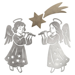 Two silver christmas angels playing flutes, with a golden star of bethlehem, symbolizing holiday music and celebration on transparent background © Lola Caracola