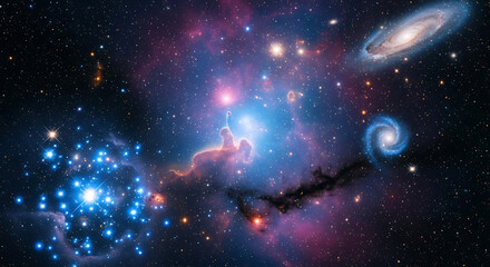 Vibrant galaxy cluster with spiral galaxies, star clusters, and colorful nebulae in deep space stars