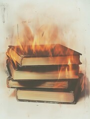 Stack of old books engulfed in flames