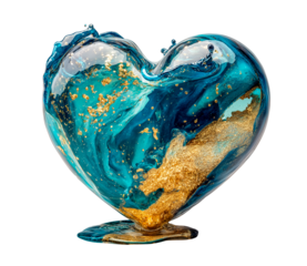The sculptural image of the heart is painted in an abstract technique of rare mystique. In the middle of the form there are infused turquoise and dark blue colors with dynamic gold splashes.	
