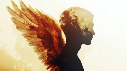 Surreal angel silhouette with fiery wings.