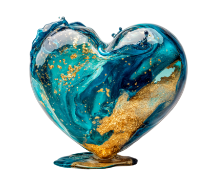 The sculptural image of the heart is painted in an abstract technique of rare mystique. In the middle of the form there are infused turquoise and dark blue colors with dynamic gold splashes.	

