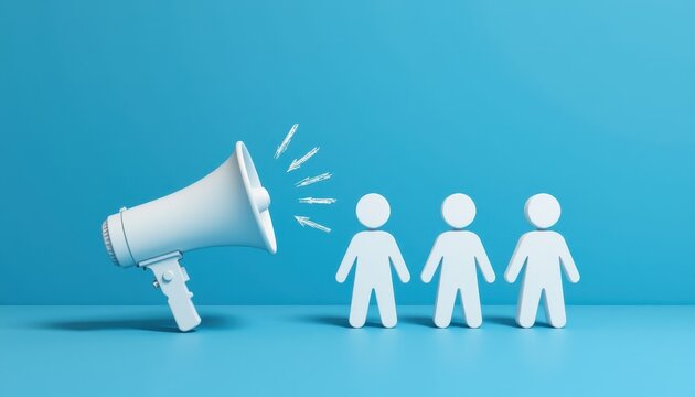 White paper cutouts of people with megaphone on blue background conveying message or announcement in a modern digital context - Powered by Adobe