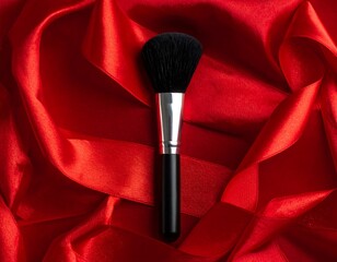 Elegant Makeup Brush on Vibrant Red Silk: A Luxurious Beauty Still Life