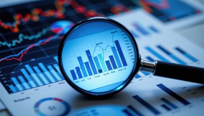 Detailed Financial Analysis through a Magnifying Glass Over Bar Graphs and Line Charts in a Modern Office Setting