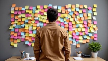 Creative professional analyzing colorful sticky notes on a wall for brainstorming ideas and project organization in a workspace