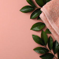 Obraz premium Elegant spa background with a folded pink towel and fresh green leaves creating a vibrant border on a pastel pink surface with ample copy space.