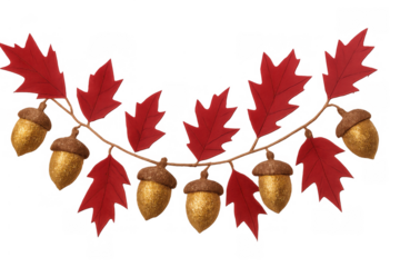 Autumn garland featuring hanging vibrant red oak leaves and sparkling golden acorns for fall, thanksgiving, or harvest season decor