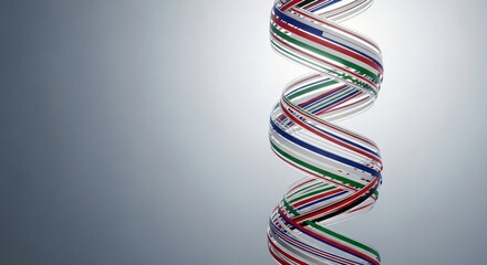 A close-up shot of a transparent, spiraling structure with colorful stripes.