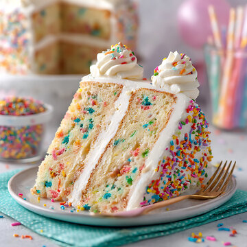 A slice of funfetti cake with colorful sprinkles on a festive birthday table.