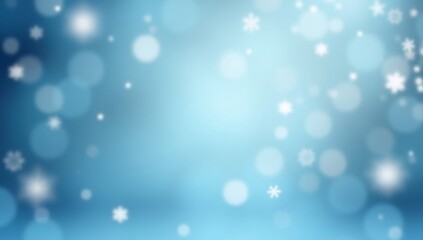 Blue abstract blurred winter background with falling snowflakes and bokeh.