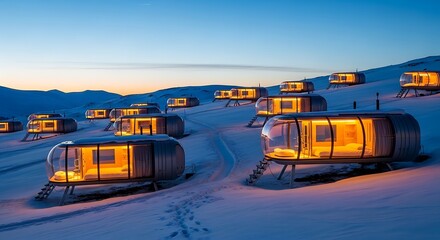 Glass igloo hotel cabins illuminated on snowy hillside at dusk