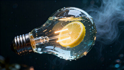 Light bulb filled with water and a lemon slice, glowing filament symbolizing life energy