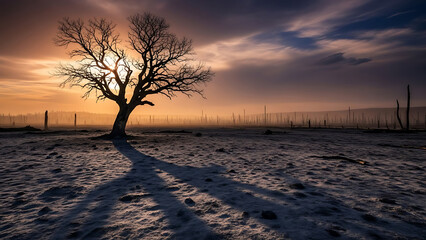 A solitary bare tree casts a long shadow across a snowy, frosty landscape during a dramatic sunrise.