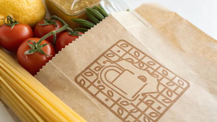 Blockchain SupplyTtraceability Concept. Food package with secure identity pattern, fresh tomatoes, pasta, and condiments create vibrant meal prep