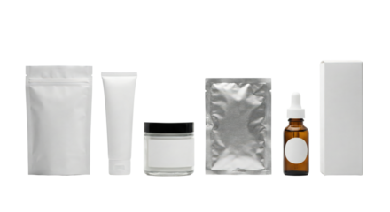 Cosmetic packaging products displayed in a line on a clean white background