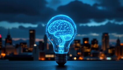 Glowing Brain Inside Light Bulb Against City Skyline at Dusk, Symbol of Innovation and Creativity