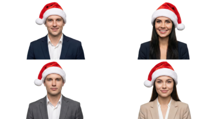 Business men and women wearing Santa hats smiling on white background