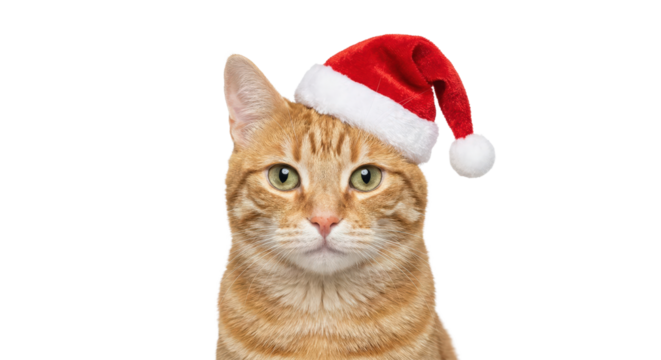 Ginger cat wearing Santa hat looking at camera in studio.