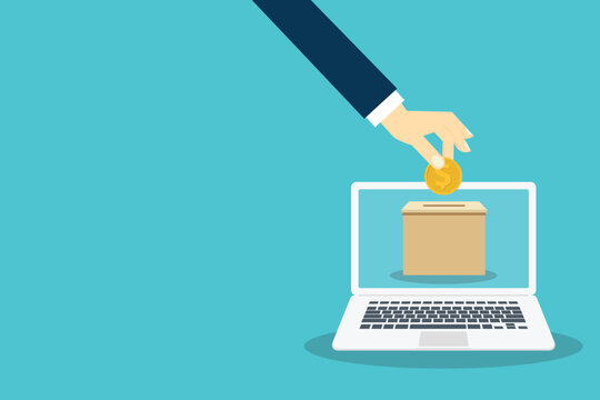 Online donation concept. Hand putting coin in a donation box - Powered by Adobe