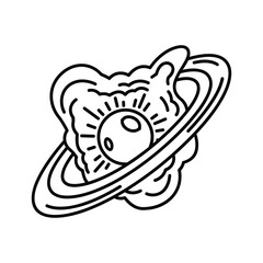 Cosmic Planet with Rings and Sun Rays Line Art Icon