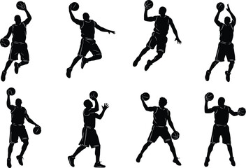 basketball, players, silhouette, action, sport, jump, dunk, ball, vector, black, cad, drawing, motion, athletic, illustration