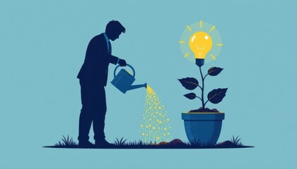Businessman Watering a Plant that Grows a Light Bulb, Symbolizing Ideas and Innovation in a Modern World